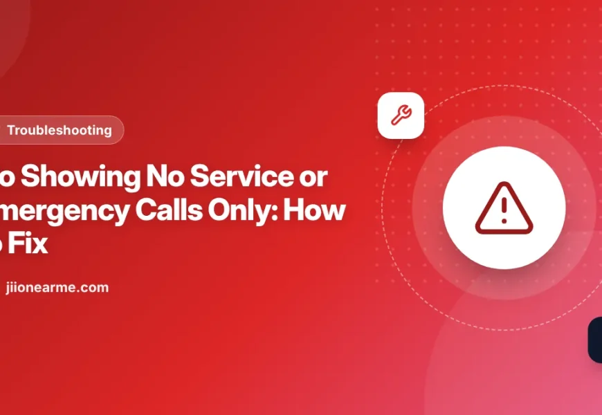 Illustration of a phone status bar showing No Service on a Jio SIM with a repair checklist