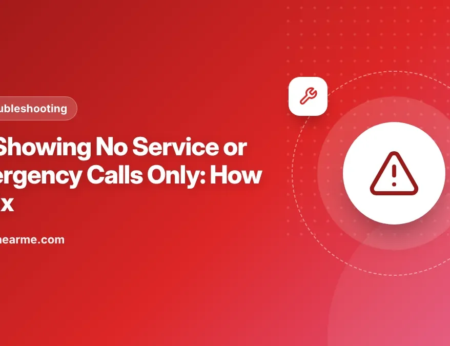 Illustration of a phone status bar showing No Service on a Jio SIM with a repair checklist