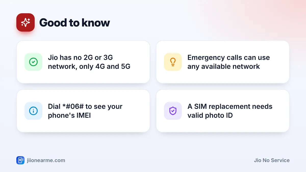 Good to know – key tips | Jio no service Good to know: 4 key tips infographic – Jio Showing No Service or Emergency Calls Only