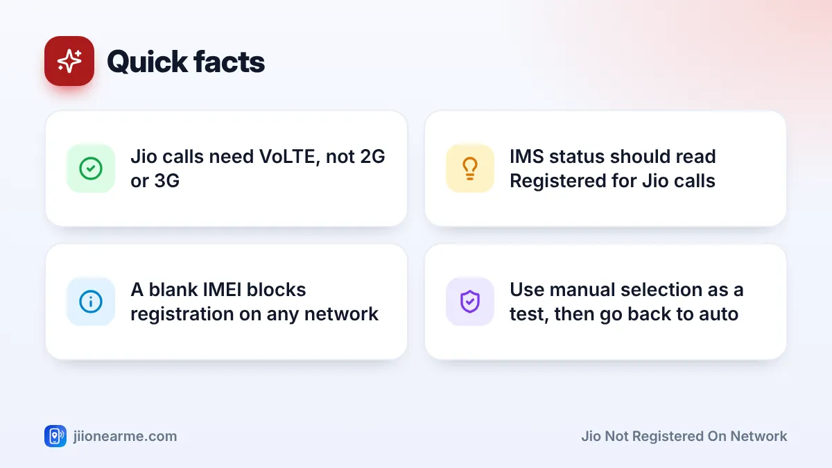 Quick facts: 4 key tips infographic – Fix the Not Registered on Network Error on a Jio SIM