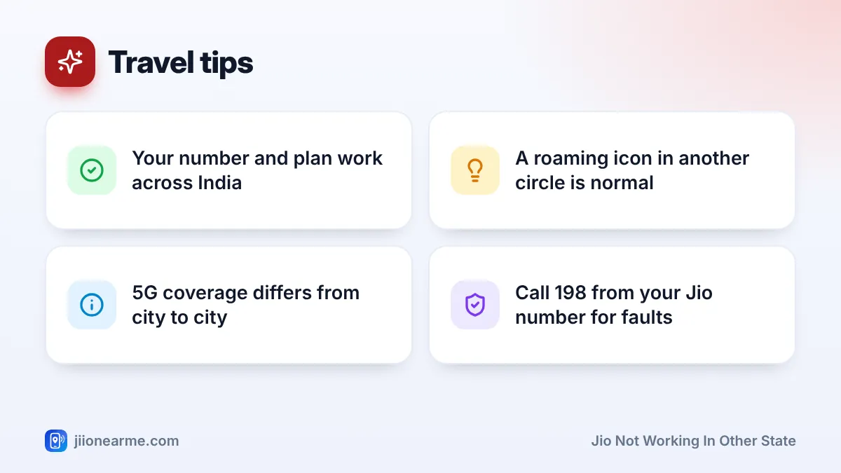Travel tips – key tips | Jio not working in other state Travel tips: 4 key tips infographic – Jio Not Working in Another State? Domestic Roaming Fixes