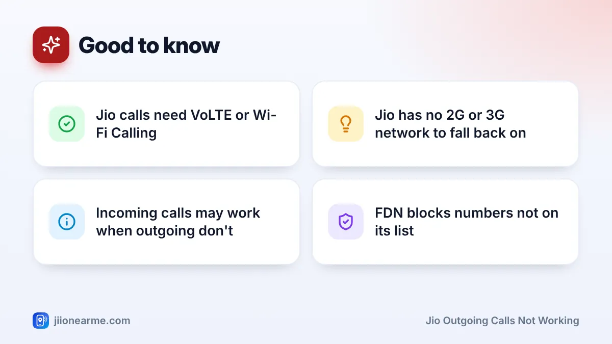 Good to know – key tips | Jio outgoing calls not working Good to know: 4 key tips infographic – Jio Outgoing Calls Not Working