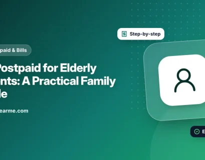 Illustration of an elderly parent using a phone on a Jio postpaid connection managed by their child