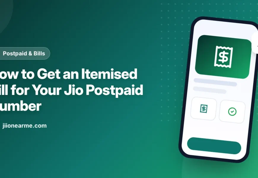 Illustration of a Jio postpaid itemised bill listing calls, SMS and data sessions