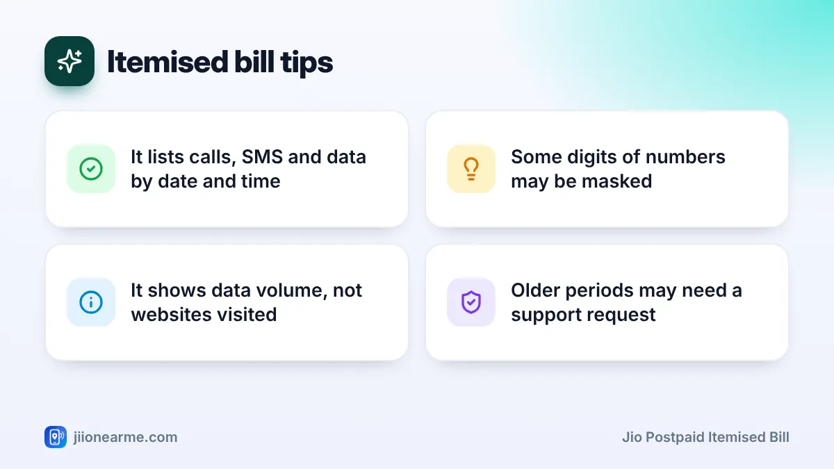 Itemised bill tips: 4 key tips infographic – How to Get an Itemised Bill for Your Jio Postpaid Number