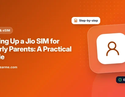 Illustration of an adult child helping an elderly parent set up a phone with a Jio SIM