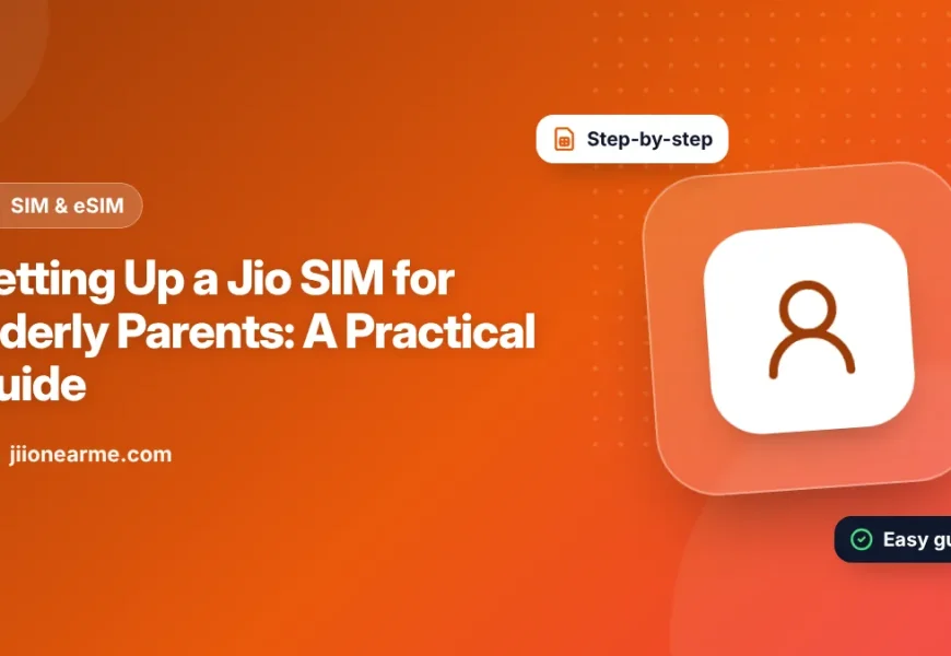 Illustration of an adult child helping an elderly parent set up a phone with a Jio SIM
