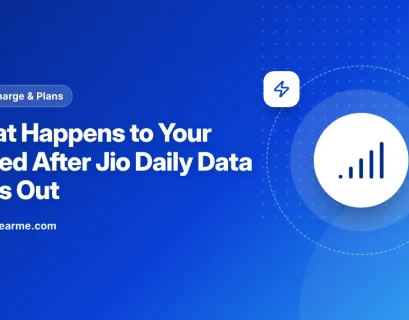 Illustration of a phone showing slow Jio internet speed after the daily data quota is used