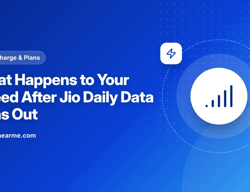Illustration of a phone showing slow Jio internet speed after the daily data quota is used