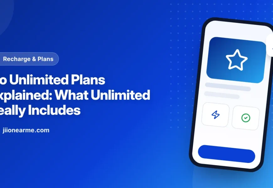 Illustration of a Jio unlimited prepaid plan card showing calls, daily data and SMS benefits