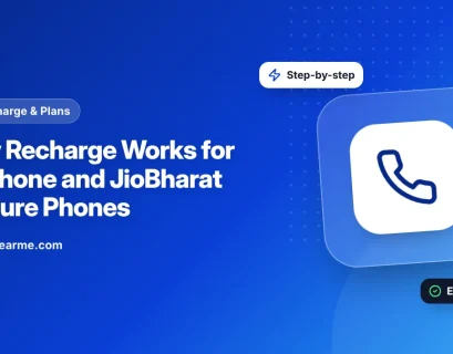 Illustration of a JioPhone and a JioBharat feature phone next to a recharge plan list