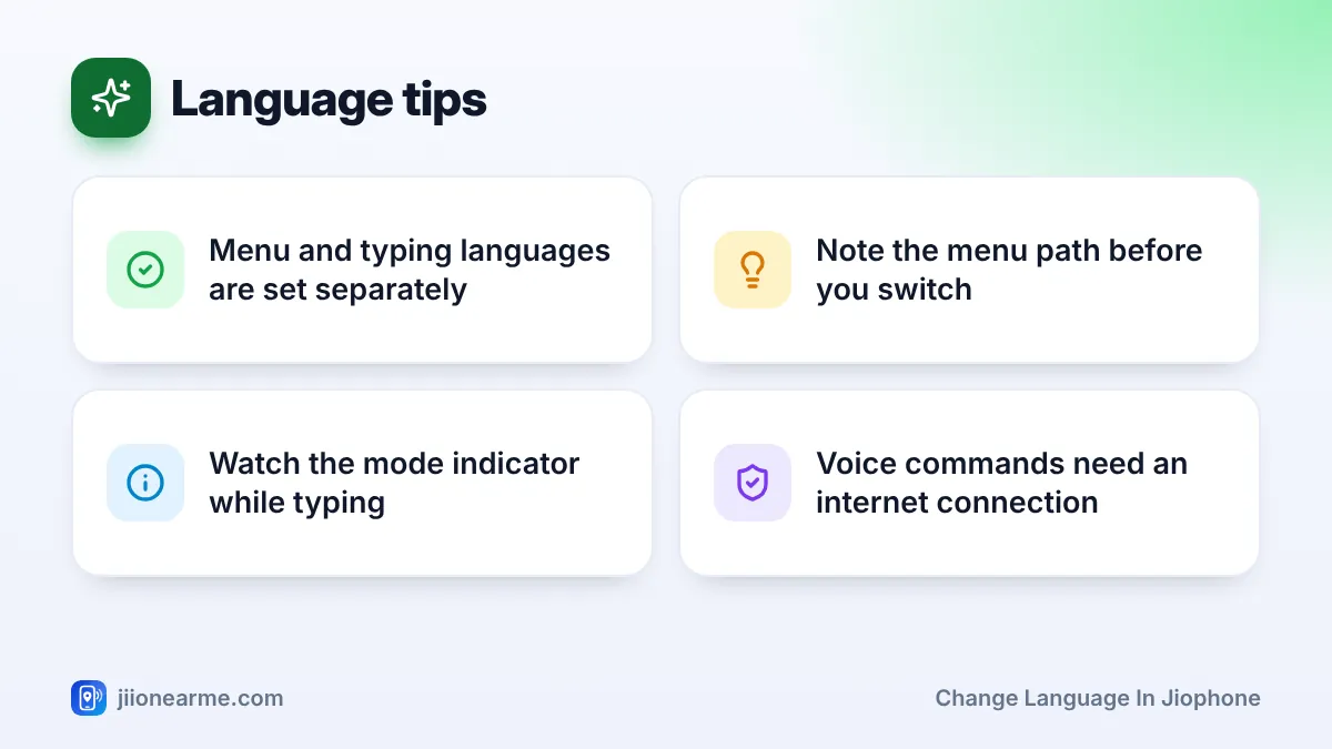 Language tips – key tips | Change language in JioPhone Language tips: 4 key tips infographic – How to Change the Language and Type in Hindi on JioPhone