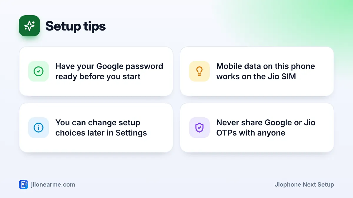 Setup tips: 4 key tips infographic – JioPhone Next Setup Guide
