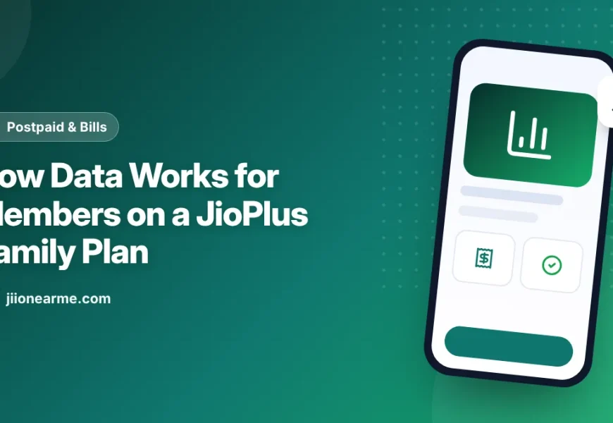Illustration of a JioPlus family plan data meter shared between several phones