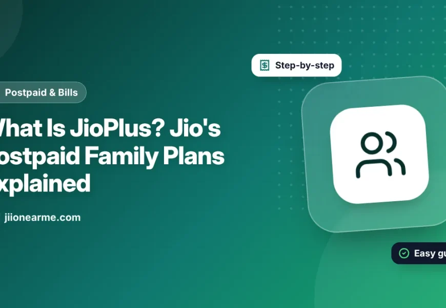 Illustration of a family with phones linked to one JioPlus postpaid account