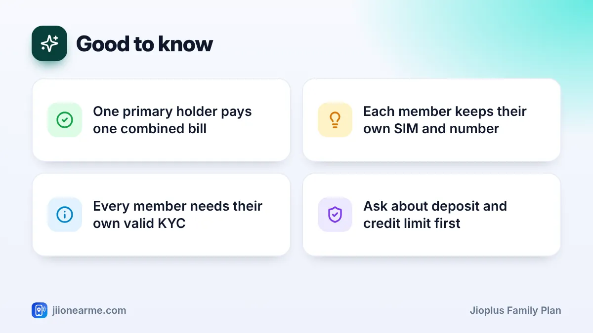 Good to know – key tips | JioPlus family plan Good to know: 4 key tips infographic – What Is JioPlus? Jio's Postpaid Family Plans Explained