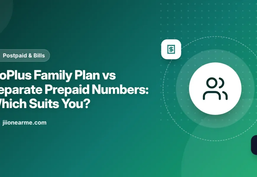Illustration comparing one JioPlus family bill with several separate prepaid recharges