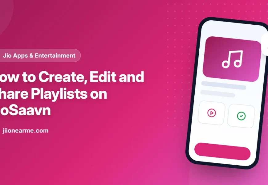 Illustration of a phone showing a custom playlist with a share button in the JioSaavn app