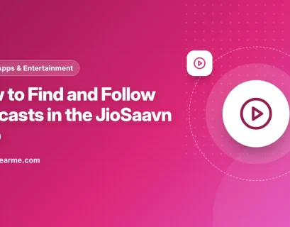 Illustration of a phone showing podcast categories and a Follow button in the JioSaavn app