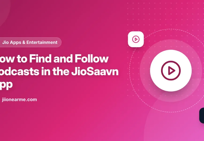 Illustration of a phone showing podcast categories and a Follow button in the JioSaavn app