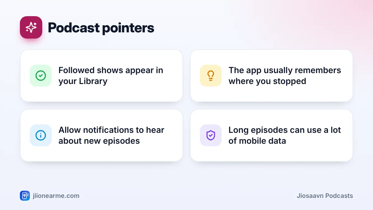 Podcast pointers: 4 key tips infographic – How to Find and Follow Podcasts in the JioSaavn App