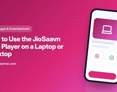 Illustration of a laptop browser playing music on the JioSaavn website with a player bar at the bottom