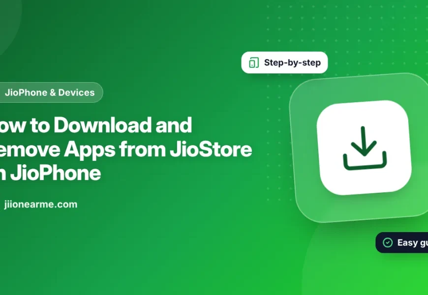 Illustration of the JioStore app store open on a JioPhone keypad phone