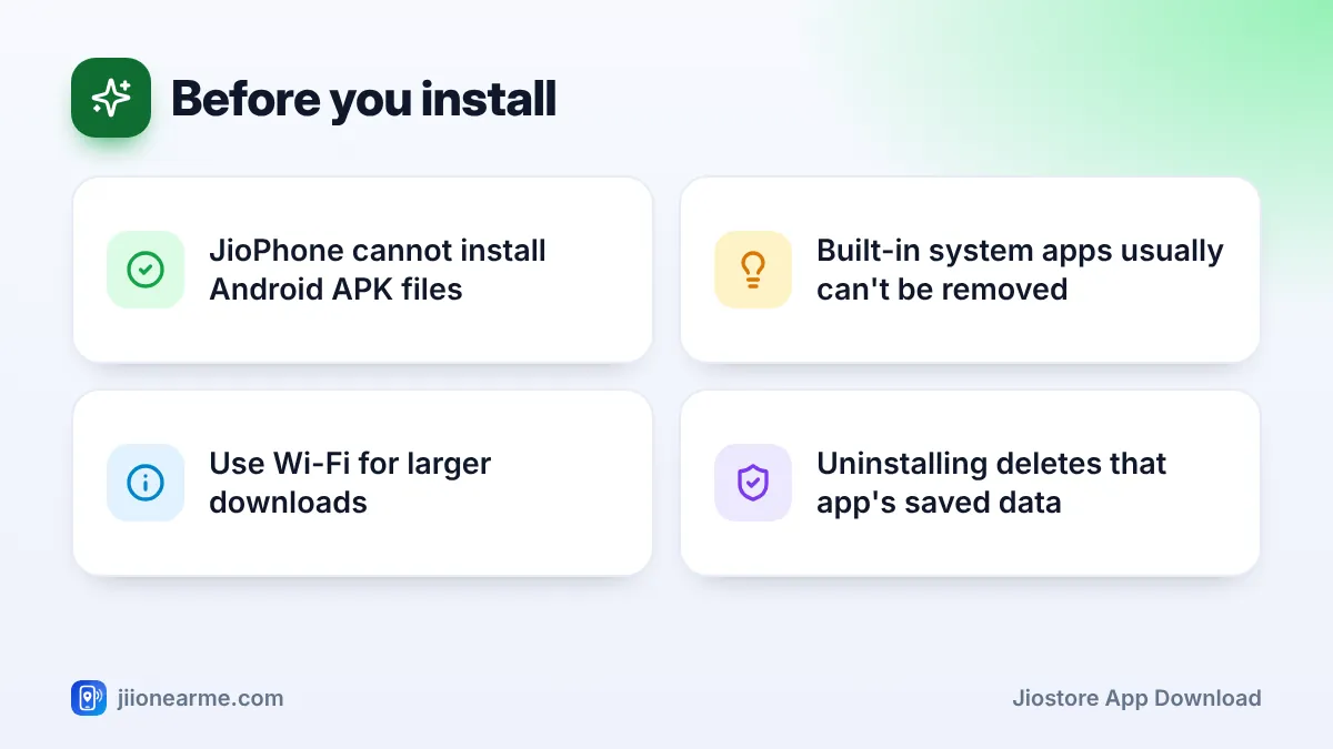 Before you install: 4 key tips infographic – How to Download and Remove Apps from JioStore on JioPhone