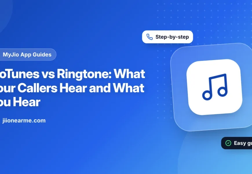 Two phones side by side, one showing a caller hearing a JioTune and the other showing an incoming call ringtone