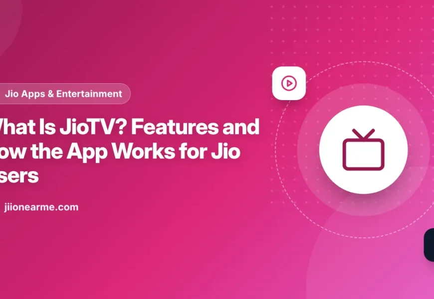 Illustration of a phone showing live TV channels by category in the JioTV app