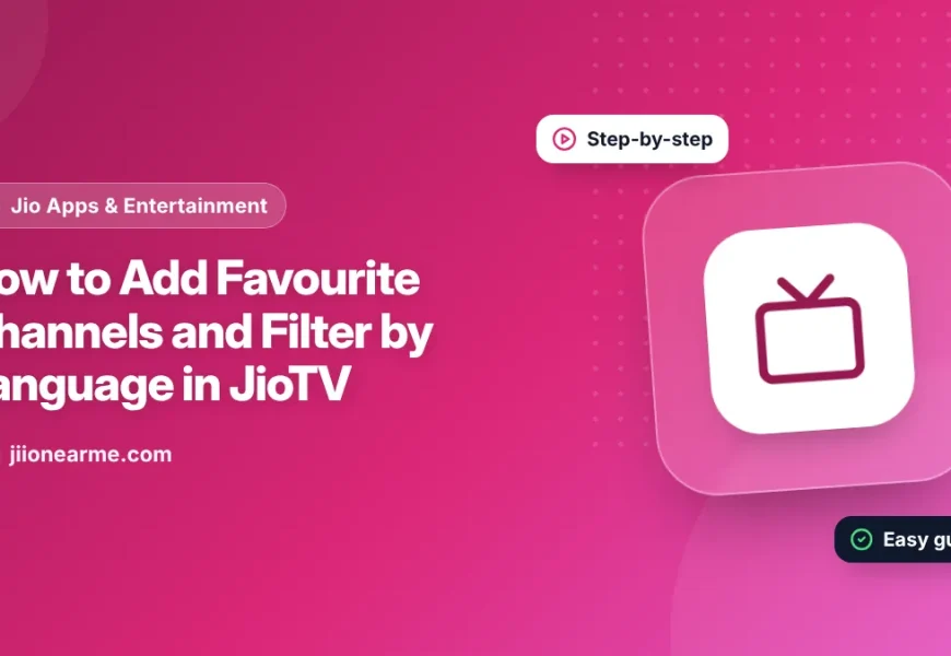 Illustration of a phone showing JioTV channels with a heart icon and language filter