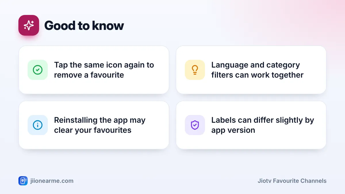 Good to know – key tips | JioTV favourite channels Good to know: 4 key tips infographic – How to Add Favourite Channels and Filter by Language in JioTV