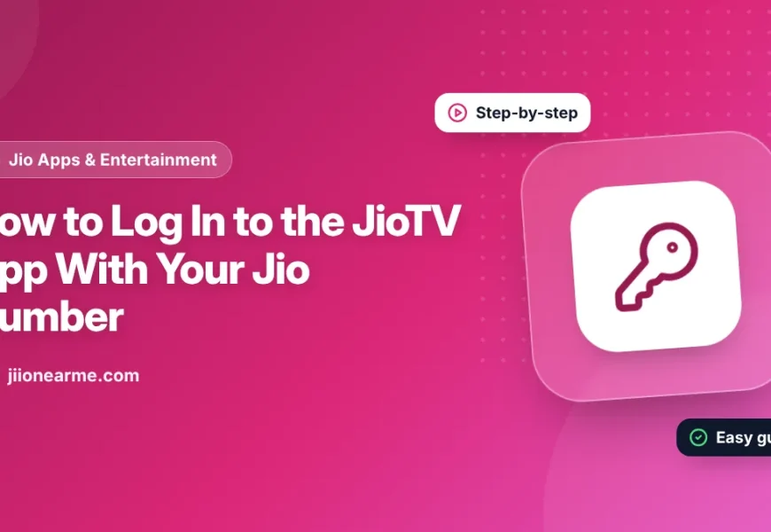 Illustration of a phone showing the JioTV sign-in screen with a Jio number and OTP field