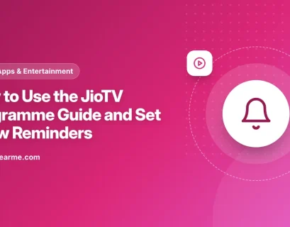 Illustration of a JioTV channel schedule on a phone with a bell icon set for an upcoming show