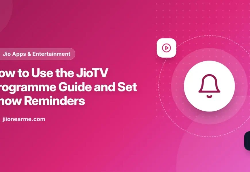 Illustration of a JioTV channel schedule on a phone with a bell icon set for an upcoming show