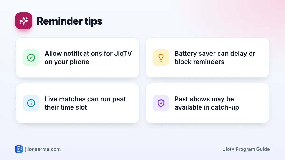 Reminder tips: 4 key tips infographic – How to Use the JioTV Programme Guide and Set Show Reminders