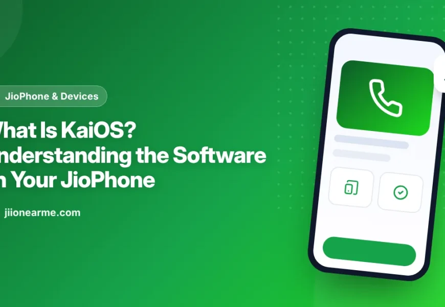 Illustration of a keypad JioPhone showing the KaiOS app menu
