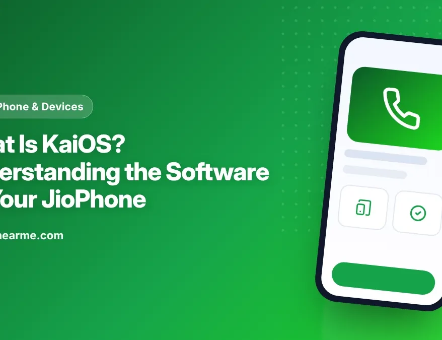 Illustration of a keypad JioPhone showing the KaiOS app menu