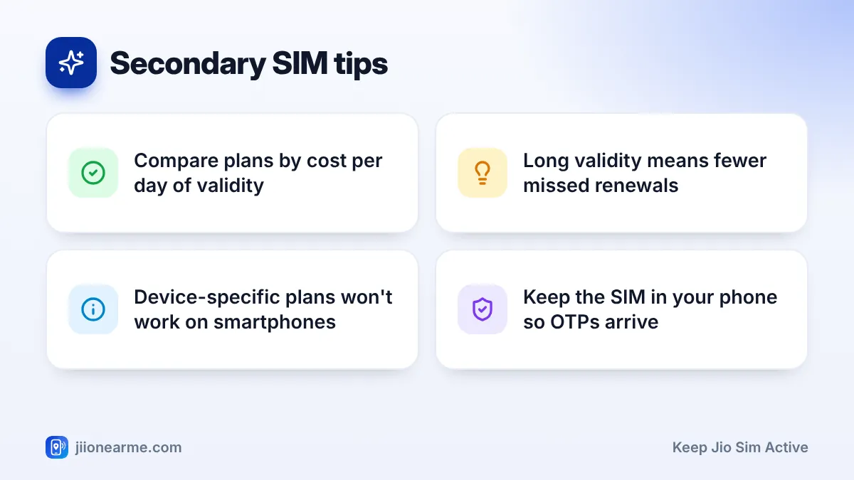 Secondary SIM tips: 4 key tips infographic – How to Keep a Secondary Jio SIM Active With Light Usage