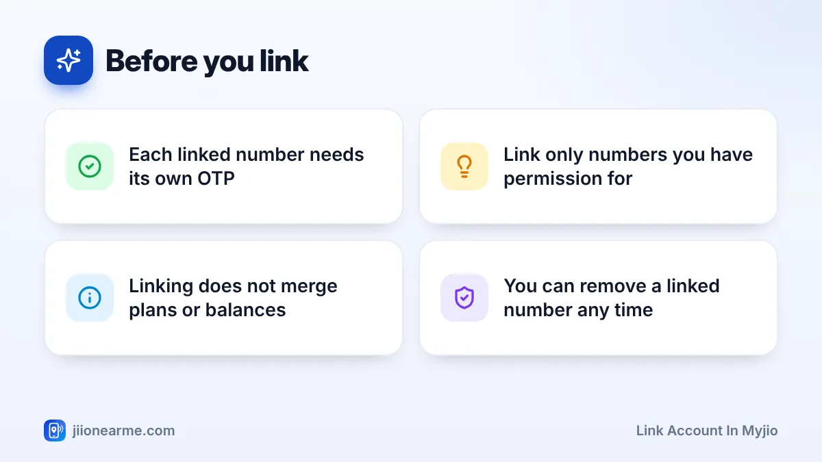 Before you link: 4 key tips infographic – How to Link Multiple Jio Numbers to One MyJio Account