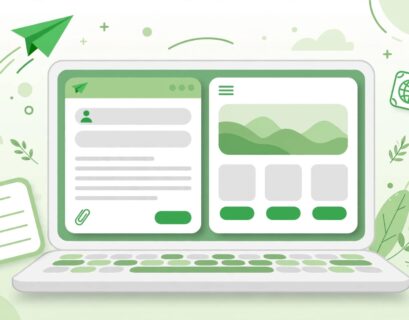 Laptop showing email editor and landing page with paper plane icon for a mailerlite.com review