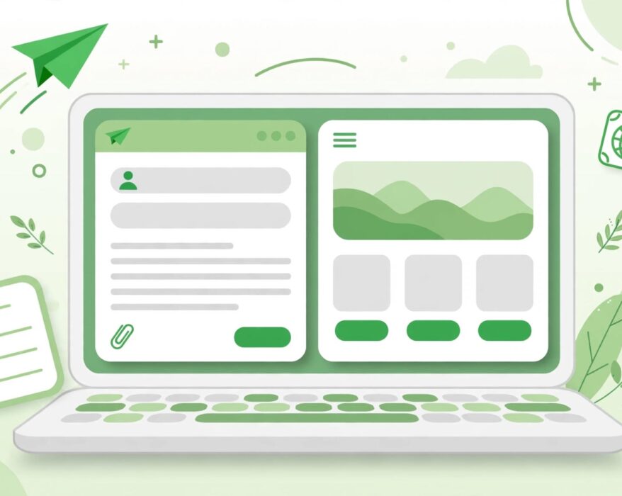 Laptop showing email editor and landing page with paper plane icon for a mailerlite.com review