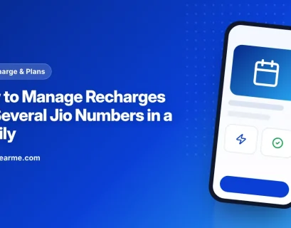Illustration of a family recharge tracker listing several Jio numbers and expiry dates