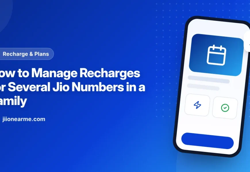 Illustration of a family recharge tracker listing several Jio numbers and expiry dates