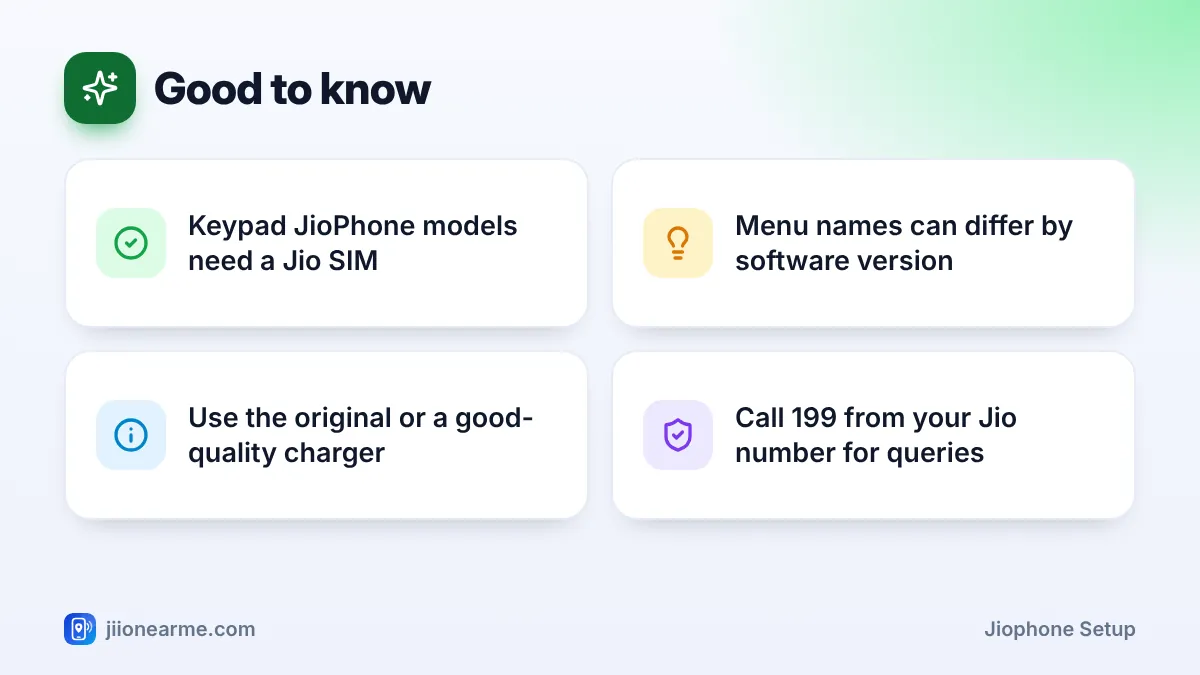 Good to know – key tips | JioPhone setup Good to know: 4 key tips infographic – How to Set Up a New JioPhone