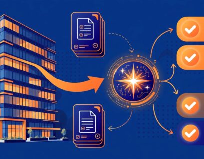 Enterprise process diagram with case cards, approval checkmarks and AI icon for a pega.com review