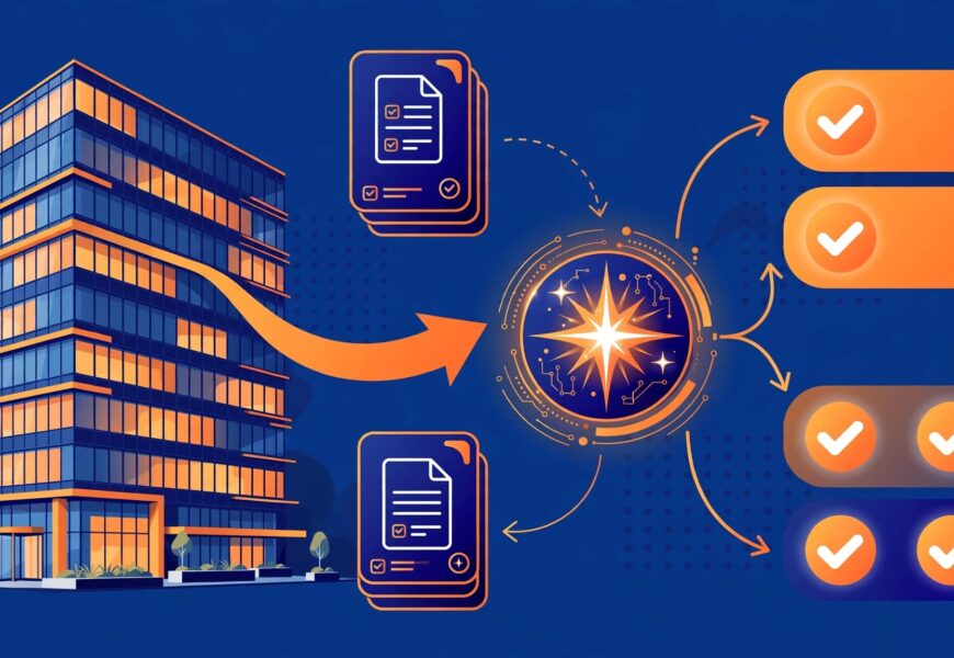 Enterprise process diagram with case cards, approval checkmarks and AI icon for a pega.com review