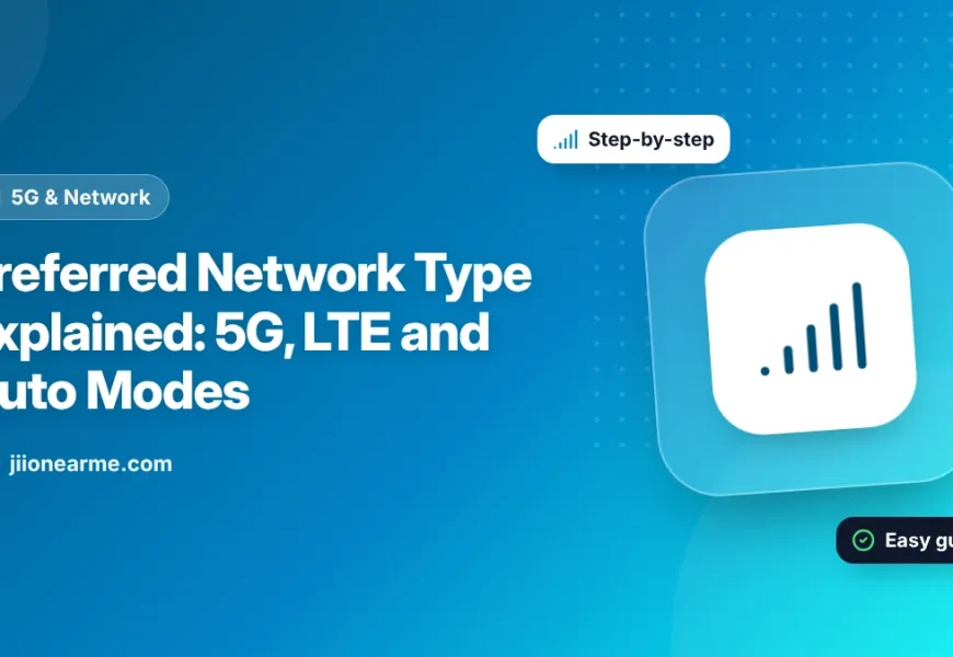 Illustration of a phone settings screen listing 5G, 4G and LTE network modes for a Jio SIM