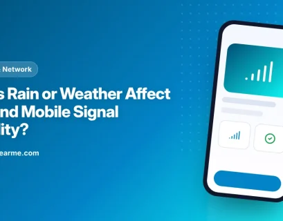 Illustration of a phone showing signal bars during heavy rain with a mobile tower in the background