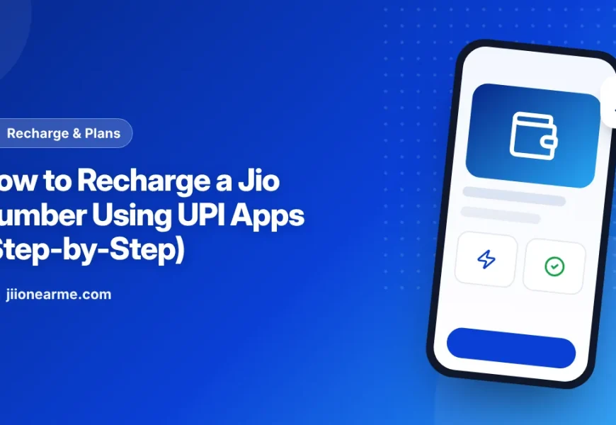 Illustration of a UPI payment app screen recharging a Jio prepaid number